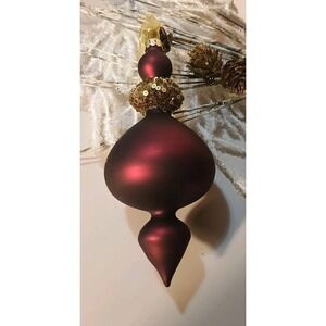 Pair Of Frontgate Glass Ornament Glitter Beaded Maroon‎ & Gold Finial Shape